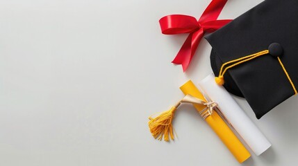 Black and yellow graduation cap with red ribbon next to white diploma on empty white background, top view. Space for text. High quality.