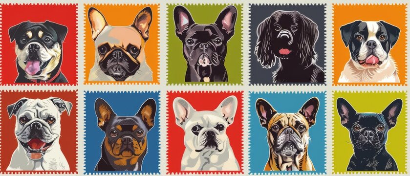 Colorful collage of dog breeds illustrated on postage stamps, showcasing various dog faces with vibrant backgrounds and expressive expressions.