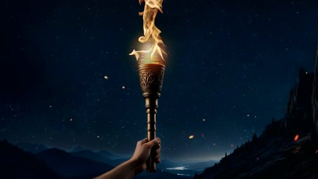 Hand holding torch. Seamless looping time-lapse 4k video animation background