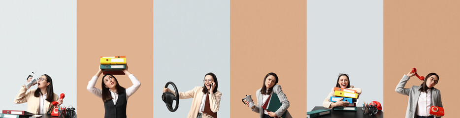 Collage of funny businesswoman on light and beige backgrounds