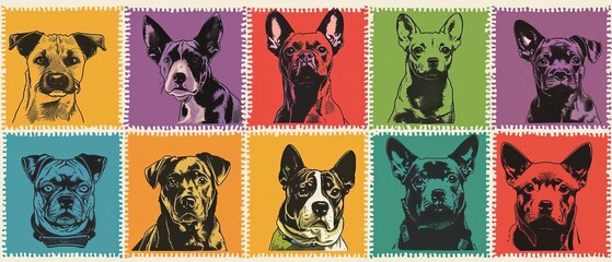 Colorful pop art collage of ten different dog portraits, showcasing vibrant and contrasting hues in...