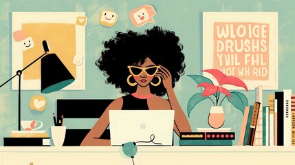 Illustration of a Blogger's Joy: Woman at Laptop with Inspiring Quotes