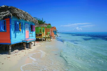 Colorful wooden huts on a beach with blue water and clean sand