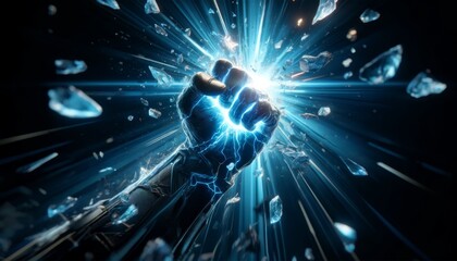 A powerful robotic hand breaks through a translucent barrier with glowing energy, signifying strength, technology, and innovation.