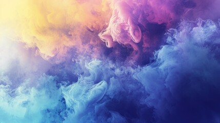 Abstract colorful smoke in gradient hues of purple, blue, and yellow, creating a dreamy and ethereal background perfect for creative designs.