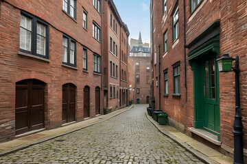 A picturesque narrow alley with cobblestone street flanked by red brick buildings and green-trimmed windows