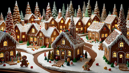 Obraz premium Gingerbread Village Bustling with Lifelike Cookie Inhabitants Imagine a cinematic shot of a bustling gingerbread village