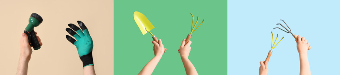 Set of hands holding gardening supplies on color background