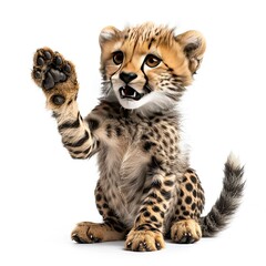 nature shot, full length of happy, happy cheetah cub, sitting up on hind legs, playfully swatting with it's front paw, having fun, with a long tail