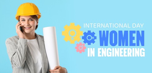 Banner for International Women in Engineering Day with female worker holding blueprint and mobile phone