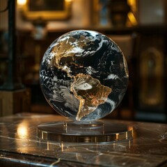 Elegant glass globe in a luxurious room, highlighting continents in gold on a wooden table, representing global elegance and sophistication.