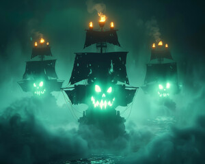 Haunted ghost ships with eerie glowing faces emerge from mystical fog on a dark ocean night, creating a spooky and mysterious atmosphere.