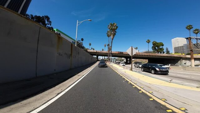Los Angeles Downtown Freeway 110 South to 10 West 03 Rear View at 3rd St Ramp Driving Plate California USA Ultra Wide
