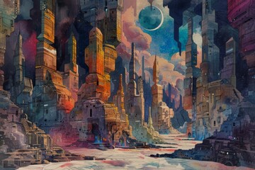 Surreal, dreamlike cityscape with towering colorful spires, shadowed alleys, and a mysterious moon hovering in the twilight sky.