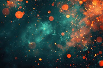 Abstract background with orange and teal colors, digital art, paint splashes, vector illustration, glowing lights, dark green background, grainy texture, red sparks, fire particles.