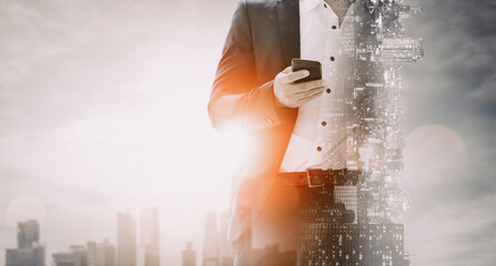 Double Exposure Image of Business Communication Network Technology Concept - Business people using...