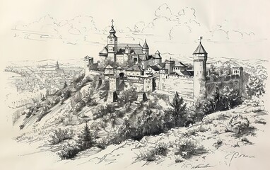 An ink drawing of a medieval castle on a hill, surrounded by a dense forest and a small village below