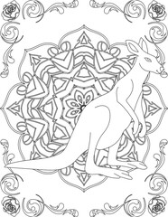 Kangaroo on Mandala Coloring Page. Printable Coloring Worksheet for Adults and Kids. Educational Resources for School and Preschool. Mandala Coloring for Adults