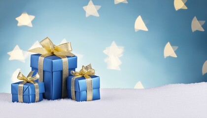 Generative AI illustration of blue gifts with golden bows and ribbons placed on blue backgro