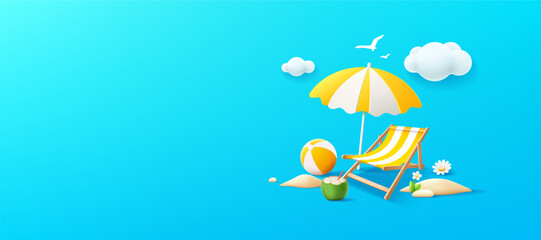 Summer holiday banner, beach umbrella, beach bed, coconut fruit, pile of sand, design on blue background, EPS 10 vector illustration
