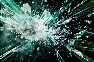 abstract explosion, dynamic composition, dark background, colorful shapes, 3d render, glowing geometric elements, white and green accents,