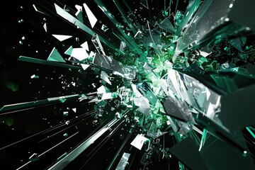 abstract explosion, dynamic composition, dark background, colorful shapes, 3d render, glowing geometric elements, white and green accents,