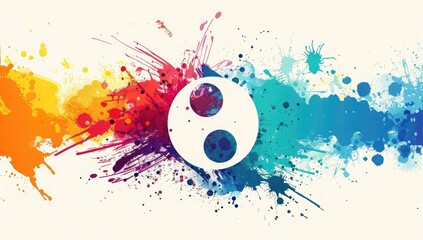 Abstract grunge paint splatter vector background with yin yang symbol, white background, colorful, 