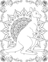 Kangaroo on Mandala Coloring Page. Printable Coloring Worksheet for Adults and Kids. Educational Resources for School and Preschool. Mandala Coloring for Adults