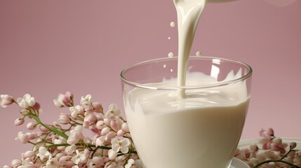 A glass of milk is being poured into a glass near flowers, contrasting the beverage with the delicate beauty of the plants nearby. It shows the mix of nature and human consumption
