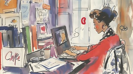 Captivating Blogger Illustration: Woman at Laptop with Coffee and Books