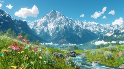 Naklejka na ściany i meble Majestic Snow-Capped Mountains with Lush Green Meadow and Flowing Stream Captured on a Clear, Sunny Day with Bright Blue Sky