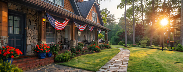 Beautifully Decorated Home with Patriotic Decorations and American Flags for a Festive Celebration