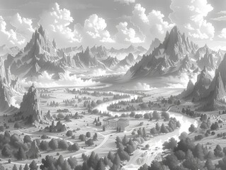 Majestic Mountain Landscape: Serene River Flowing Through Lush Green Valley with Snow-Capped Peaks Under a Cloud-Filled Sky in Black and White