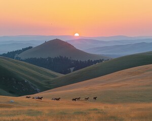 Majestic Sunrise Over Rolling Hills with Grazing Deer in Serene Natural Landscape - Captivating...