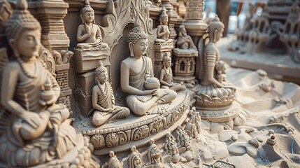 An intricate sandcastle depicting scenes from the life of Buddha, created as an offering by devoted Buddhists as part of Visakha Bucha Day celebrations