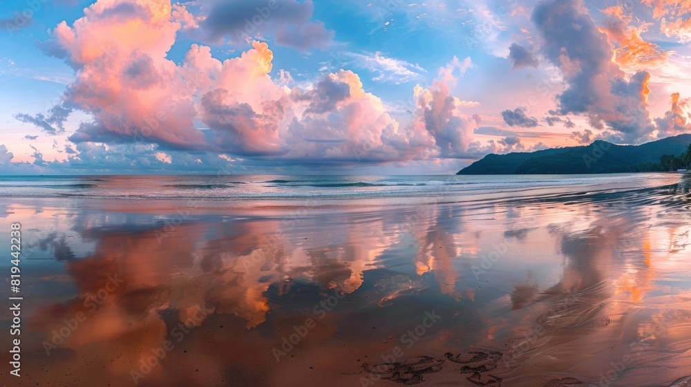 Wall mural beautiful beach at sunset with pink clouds and reflection in the sand, panoramic view of phuket isla - Wall murals