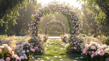 Beautiful floral arch with pink and white flowers on the background of an open area in palace park, 