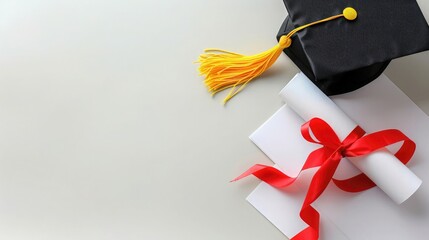 Black and yellow graduation cap with red ribbon next to white diploma on empty white background, top view. Space for text. High quality.