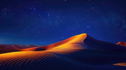 Dune landscape at night with a starry sky and moonlight casting long shadows over the sand dunes, desert scene for adventure travel concept. Desert landscape