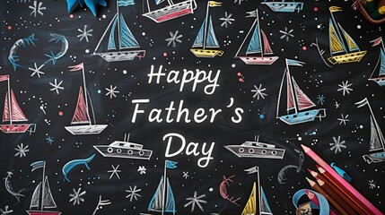 A black chalkboard with "Happy Father's Day" text in the center, decorated with chalk drawings of sailing boats.