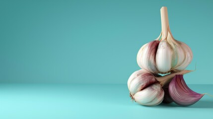 Garlic, a photorealistic illustration against pastel blue background with copy space for text or...