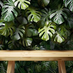 Product Placement Mockup Design Background: Natural Wooden Table and Elegant Monstera Leaves in a Lush Outdoor Jungle Scene