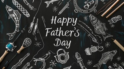 A black chalkboard with "Happy Father's Day" text in the center, bordered by chalk sketches of fishing gear.