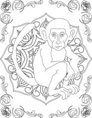 Fototapeta na wymiar Monkey on Mandala Coloring Page. Printable Coloring Worksheet for Adults and Kids. Educational Resources for School and Preschool. Mandala Coloring for Adults