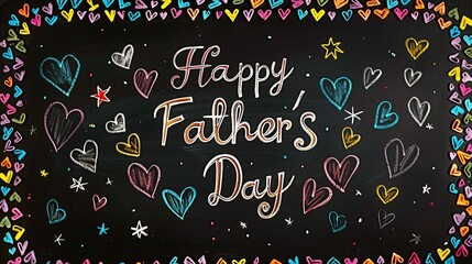 A black chalkboard with "Happy Father's Day" written in a whimsical, hand-drawn style, surrounded by a border of colorful chalk hearts and stars