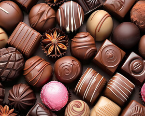 Close-up of a tray with different chocolate bonbons. World Chocolate Day.
