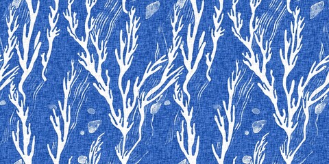Whimsical seaweed kelp coastal electric blue beach pattern. Batik screen block print cloth effect. Playful kelp coral tropical summer background. Modern scandi underwater plant seamless design.