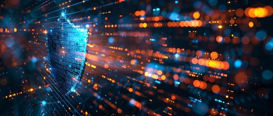 Obraz premium Digital shield with binary code, secure data, PNG style, Bright colors