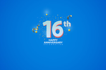 16th Anniversary celebration, 16 Anniversary celebration in Blue BG, stars, festive illustration, glitters and ribbons, white number 16 sparkling confetti, 16,17
