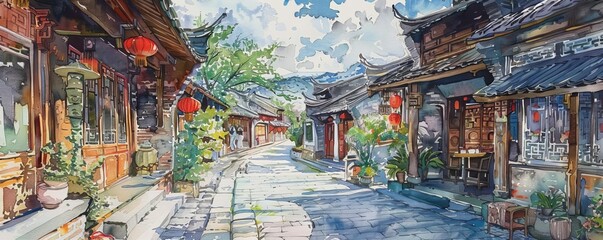 Ancient Alleyway Strolls Capture the charm of wandering through the narrow, cobblestone alleyways of Lijiang Old Town with images of visitors exploring traditional Naxi architecture, intricate wood ca
